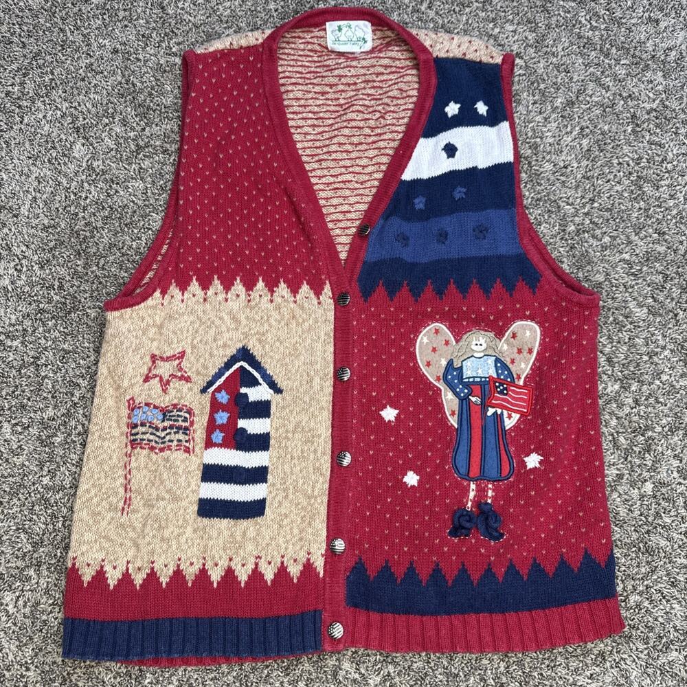 Vintage Women’s Quacker Factory Americana Red Knitted Sweater‎ Vest Size Large